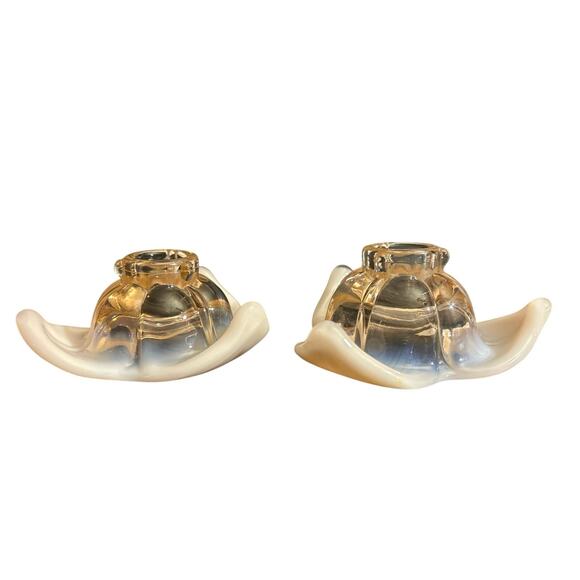 2 Duncan Miller Pink Opalescent Flower Candle Holders - Picture 1 of 5
